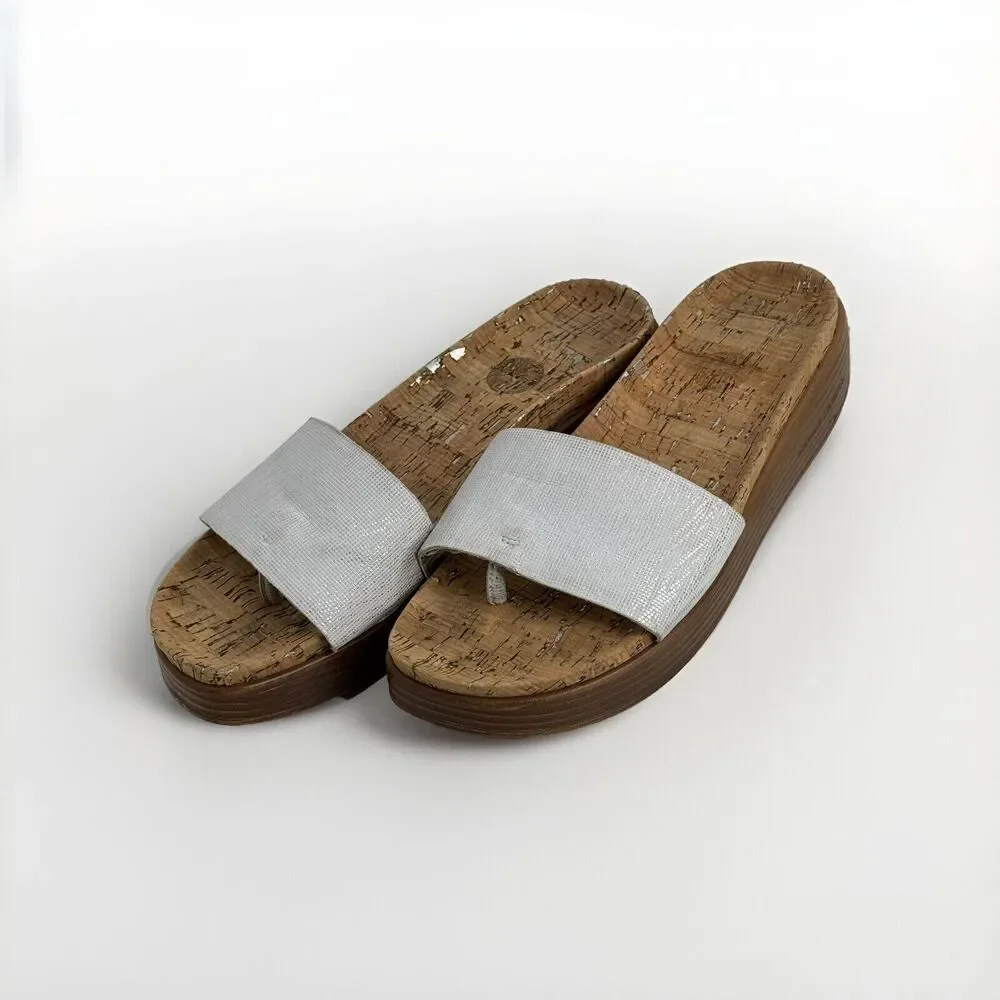 Donald Pliner Fiji Cork Wedge Platform Sandal Thong Slide Sz 9.5 Metallic Gray